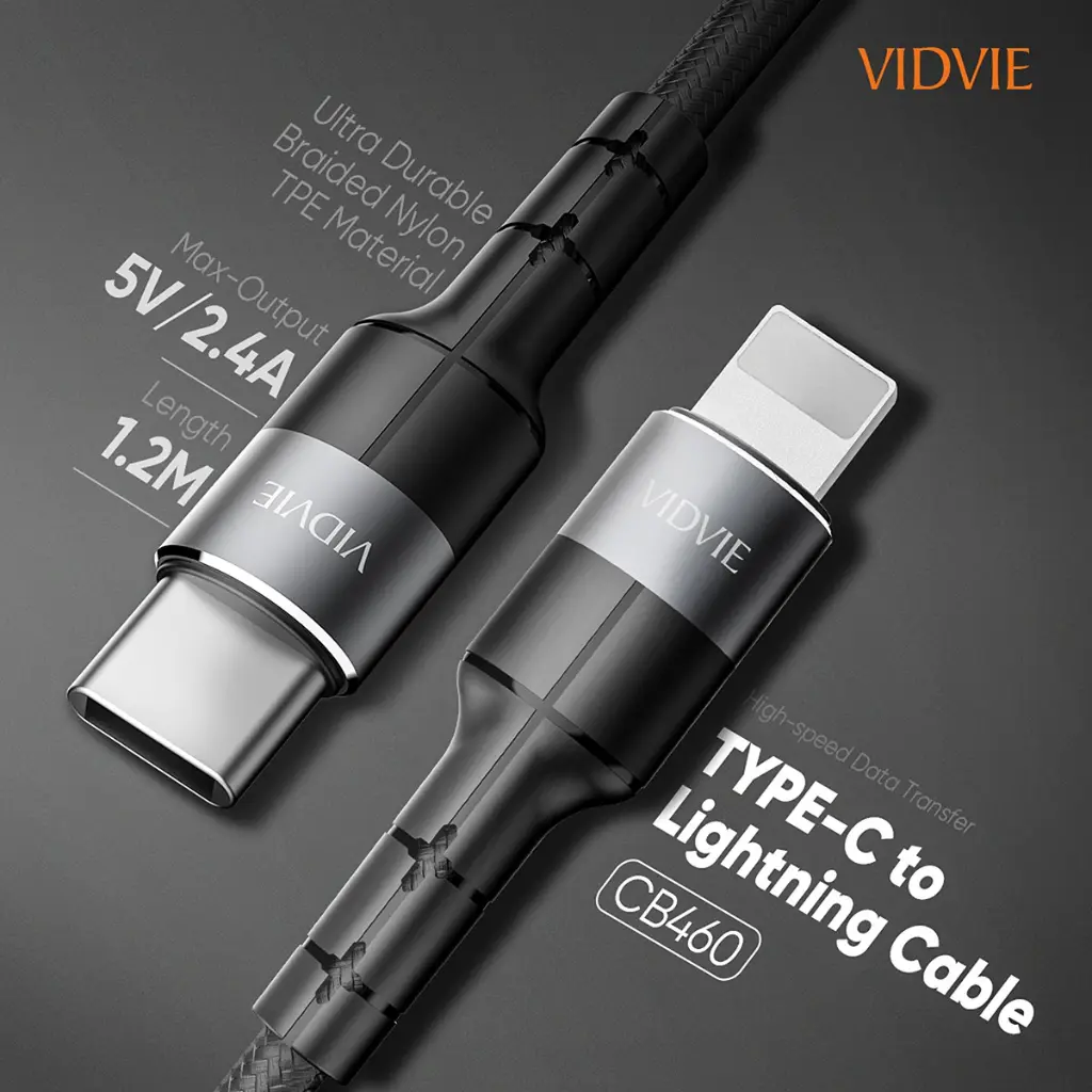 CABLE DE DATOS VIDVIE NYLON CB460 2.4A TIPO C A LIGHTNING 2.webp